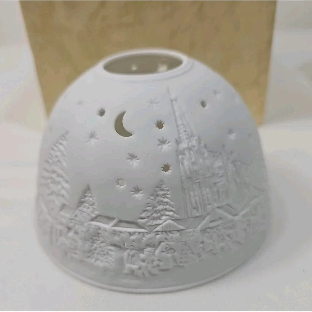 Starlight Glowing Candle Holder White Porcelain Winter Village Dome LED Tealight
